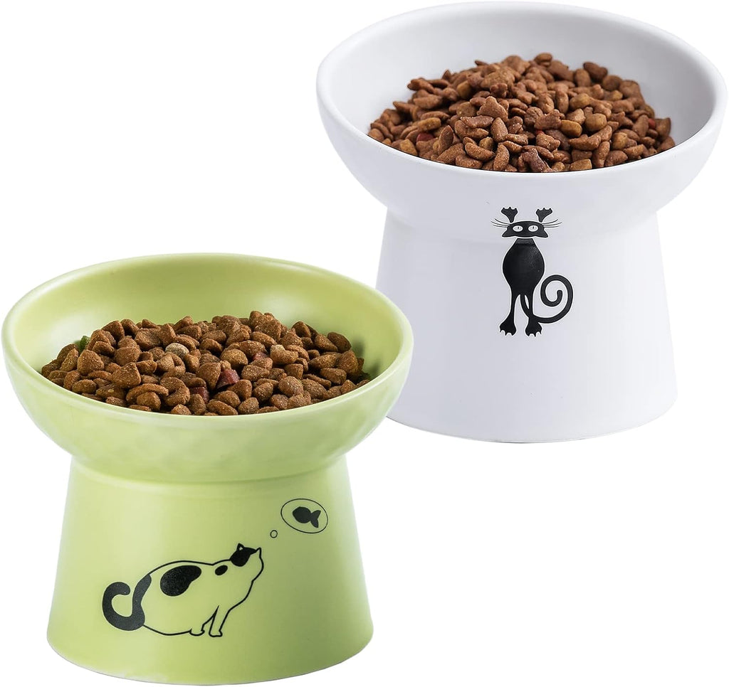 Ceramic Raised Cat Bowls, Tilted Elevated Cat Food Water Bowl Set, Porcelain Stress Free Pet Feeder Dish for Cats and Small Dogs, Dishwasher and Microwave Safe - White & Fruit Green, Set of 2