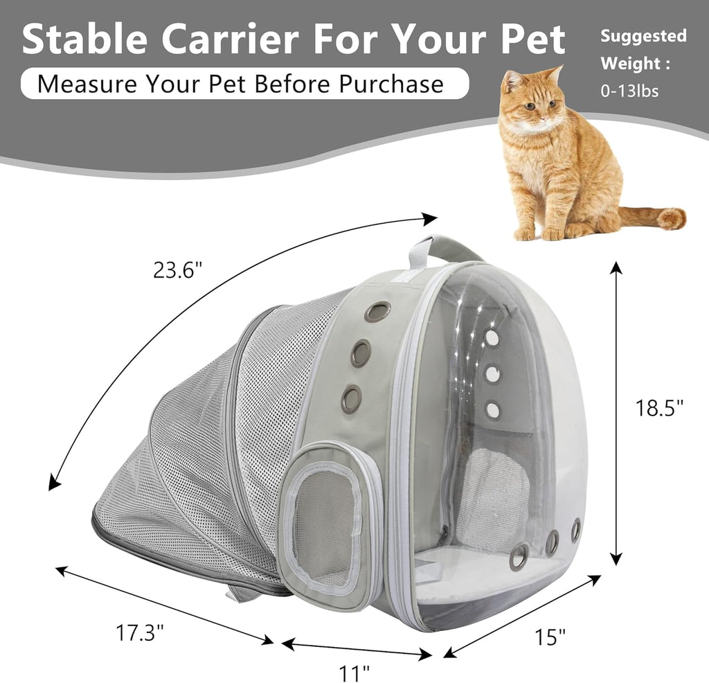 Cat Backpack Carrier Back Expandable Bubble Pet Carrier Backpack for Large Cat, Kitten and Dog, Designed for Hiking, Travelling and Outdoor Use (Back Expandable-Grey)