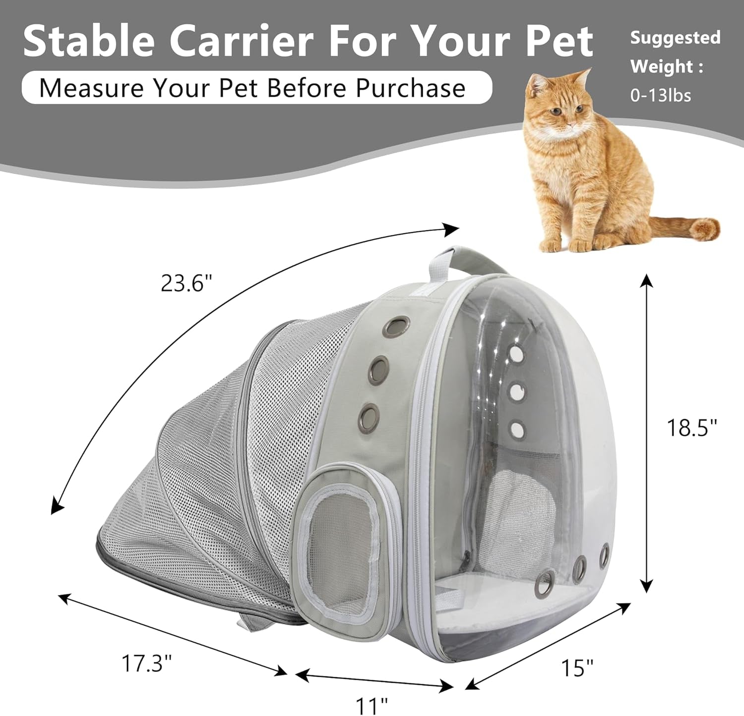 Cat Backpack Carrier Back Expandable Bubble Pet Carrier Backpack for Large Cat, Kitten and Dog, Designed for Hiking, Travelling and Outdoor Use (Back Expandable-Grey)
