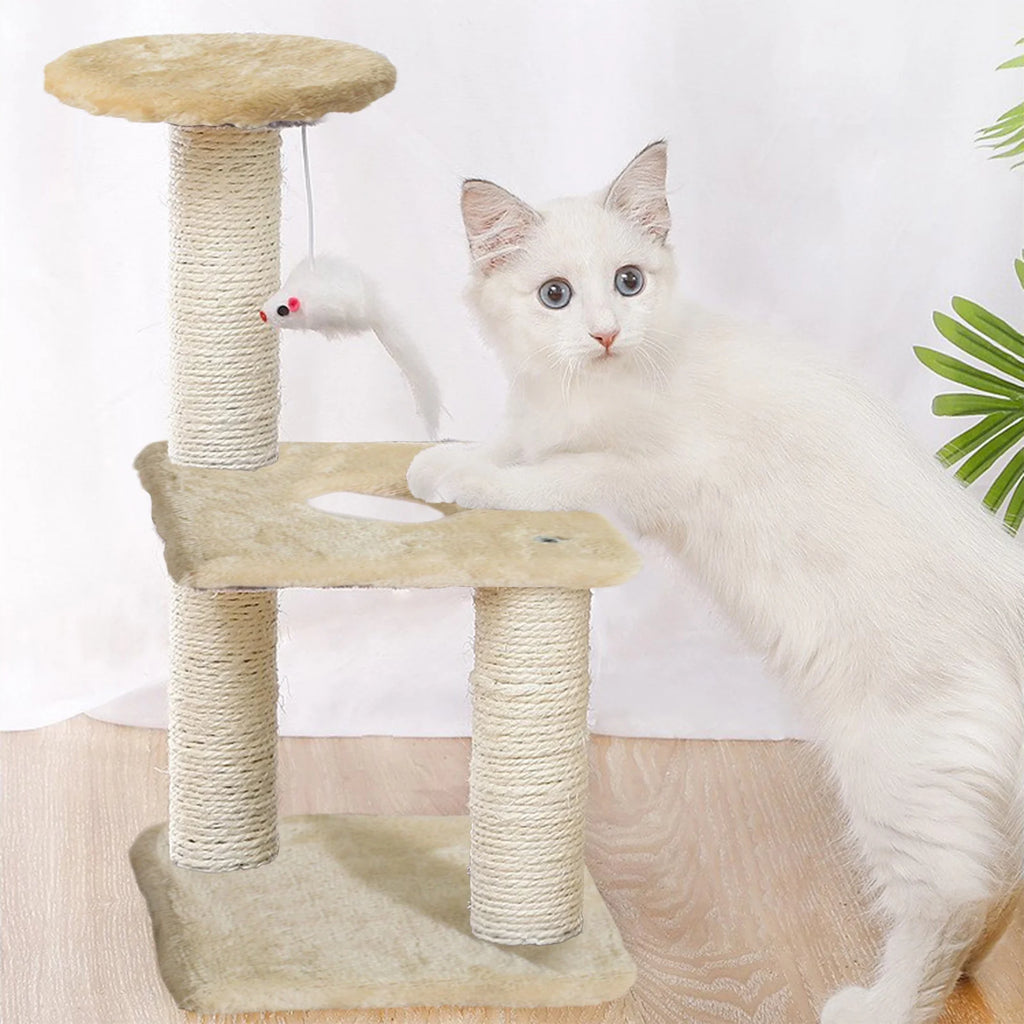 Cat Tree Scratching Post,Small Cat Tower with Perch Bed Scratch for Indoor Cats and Kittens Scratcher.Hanging Ball Bursh Beige