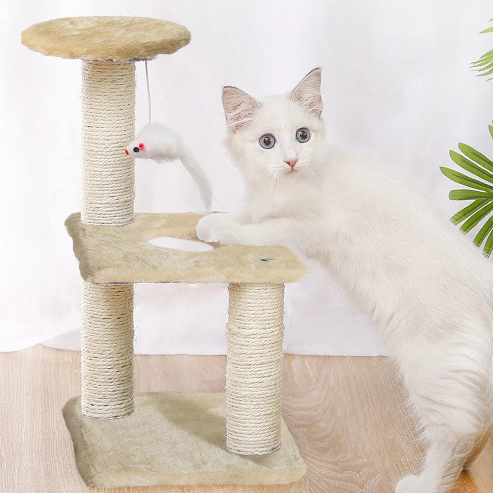 Cat Tree Scratching Post,Small Cat Tower with Perch Bed Scratch for Indoor Cats and Kittens Scratcher.Hanging Ball Bursh Beige