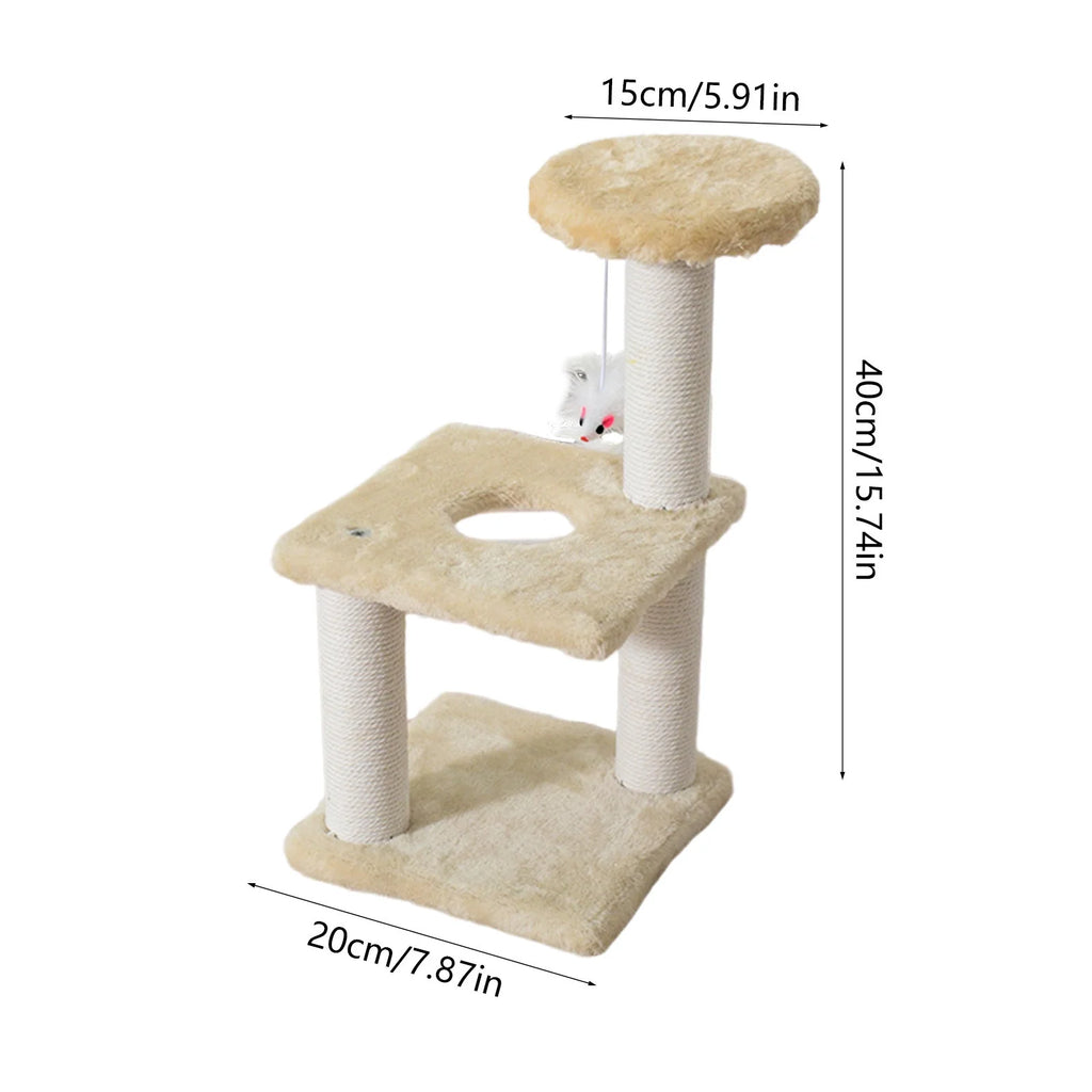 Cat Tree Scratching Post,Small Cat Tower with Perch Bed Scratch for Indoor Cats and Kittens Scratcher.Hanging Ball Bursh Beige