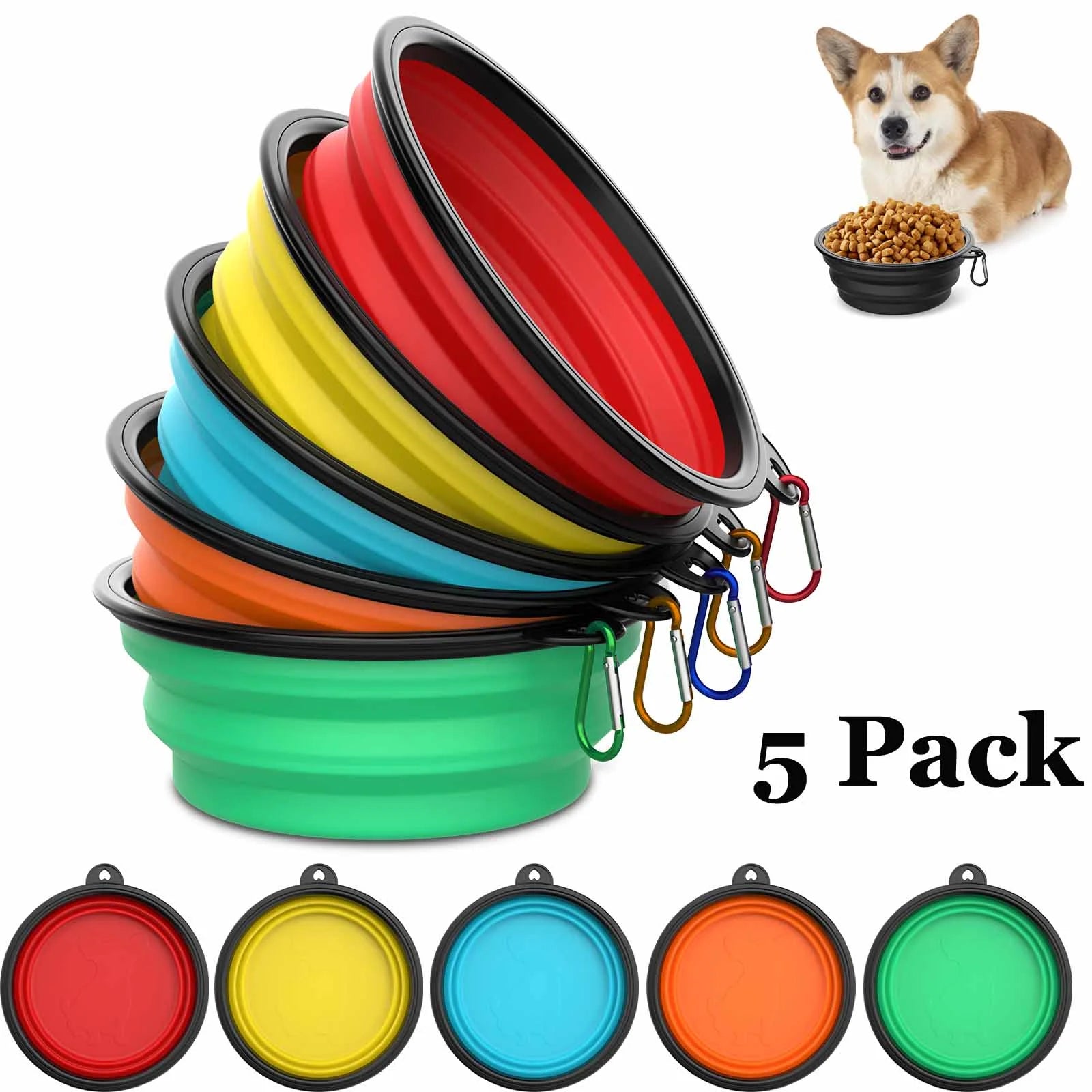 5-Pack Collapsible Travel Pet Bowls with Carabiners, Bpa-Free TPE Foldable Dog Cat Feeding Dish for Hiking, Camping, Multi-Pet Use (380Ml, Red+Blue+Green+Yellow+Orange)