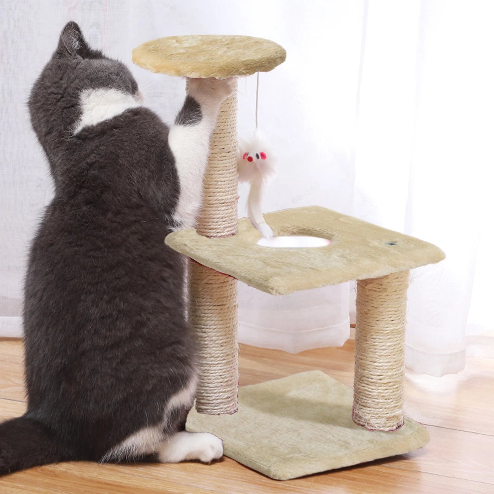 Cat Tree Scratching Post,Small Cat Tower with Perch Bed Scratch for Indoor Cats and Kittens Scratcher.Hanging Ball Bursh Beige