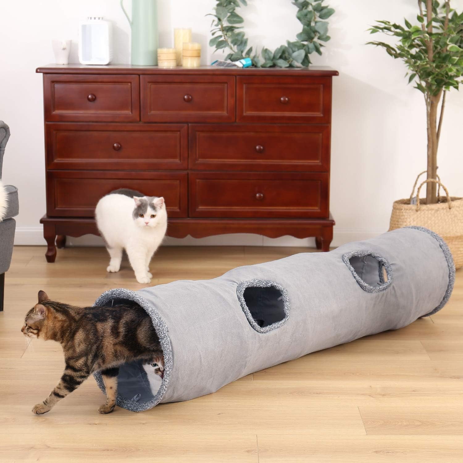 Collapsible Cat Tunnel, Cat Toys Play Tunnel Durable Suede Hideaway Pet Crinkle Tunnel with Ball M